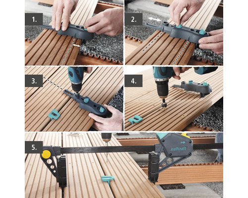 Montage photo montrant la pose d'une terrasse en bois avec un gabarit de construction de terrasse et une visseuse sans fil