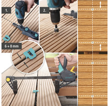 Instructions de montage pour une terrasse en bois avec perceuse, entretoise et serre-joint.