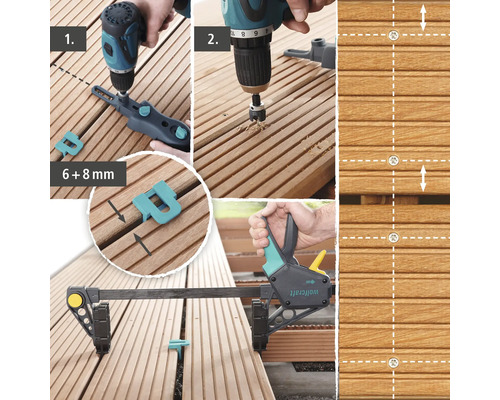 Instructions de montage pour une terrasse en bois avec perceuse, entretoise et serre-joint.