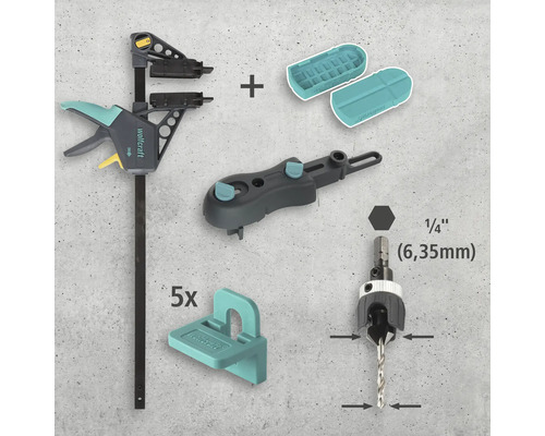 Kit de montage Wolfcraft avec serre-joint à action rapide, gabarit de perçage, gabarit de perçage et marqueurs de goujons