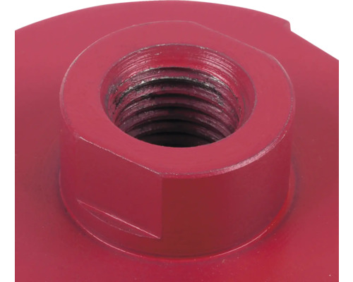 Nahaufnahme einer roten Werkzeugaufnahme mit Innengewinde aus Metall.