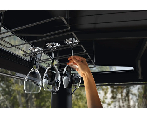 Weinregal mit Weingläsern und Hand unter einem Pavillon