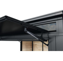 Detailansicht eines Gartenhauses mit offenem Dach