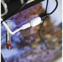 USB-Anschluss an einer weißen Aquarium-Steuerung, die an der Glasscheibe befestigt ist, neben einem Thermometer.