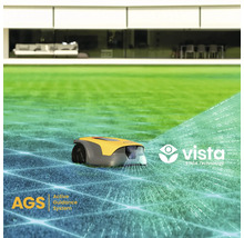 Robot tondeuse jaune et gris sur pelouse devant une maison moderne