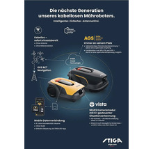 Gelber und schwarzer Stiga Mähroboter mit technischen Details zu GPS RKT Navigation, AGS Active Guidance System, Mobile Datenverbindung und Vista KI-gesteuerter Situationserkennung.