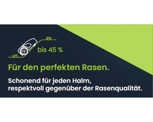 Symbolbild Rasenmäher mit Hinweis auf Steigungen bis 45 Prozent für einen perfekten Rasen