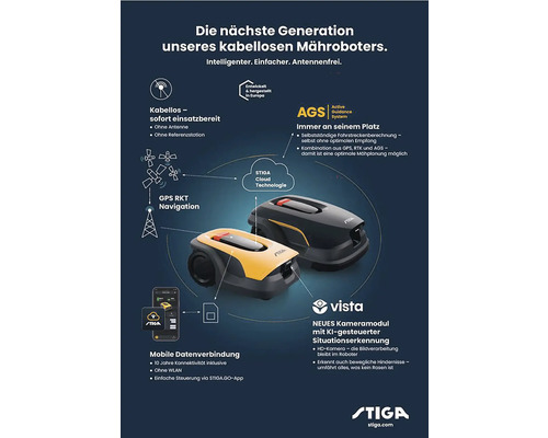 Grafik mit zwei Stiga Mährobotern, die kabellose Funktionen, GPS RKT Navigation, Active Guidance System und mobile Datenverbindung hervorhebt.