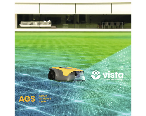 Rasenmähroboter auf Rasen mit Active Guidance System und Vista Stiga Technology