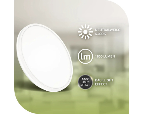 Plafonnier LED blanc avec 1800 lumens et lumière blanche neutre (4000 Kelvin), avec rétroéclairage