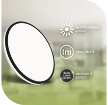 Plafonnier rond avec 1800 lumens et lumière blanche neutre de 4000 Kelvin ainsi qu'un effet de rétroéclairage.