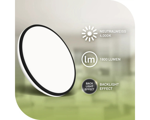 Plafonnier rond avec 1800 lumens et lumière blanche neutre de 4000 Kelvin ainsi qu'un effet de rétroéclairage.