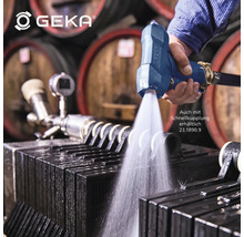 GEKA Logo. Eine Person reinigt mit einer GEKA-Spritzpistole eine Oberfläche.