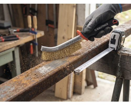 Eine Person benutzt eine Drahtbürste zur Rostentfernung auf einem Metallstück neben einem Rollbandmaß.