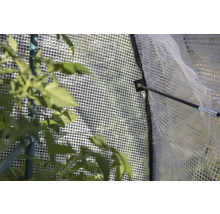 Vue détaillée d'une serre avec structure en filet et éléments de fixation
