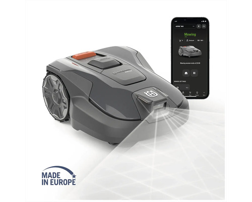 Robot tondeuse gris avec application smartphone pour la commande et label Made in Europe