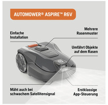 Robot tondeuse Husqvarna Automower Aspire R6V avec installation facile, différents motifs de gazon, contournement d'objets, tonte avec signal satellite faible et contrôle par application.