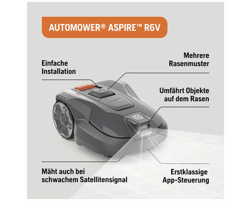 Robot tondeuse Husqvarna Automower Aspire R6V avec installation facile, différents motifs de gazon, contournement d'objets, tonte avec signal satellite faible et contrôle par application.