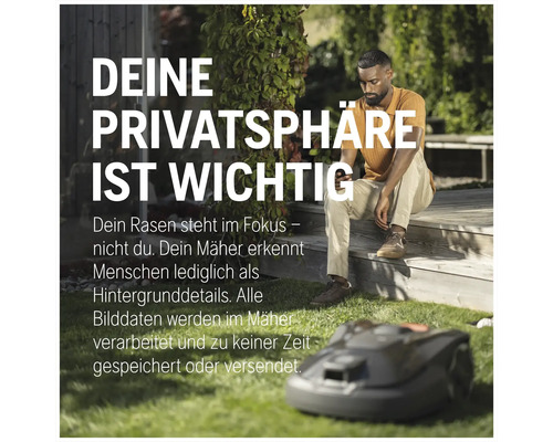 Scène avec robot tondeuse à gazon et le texte : Votre vie privée est importante