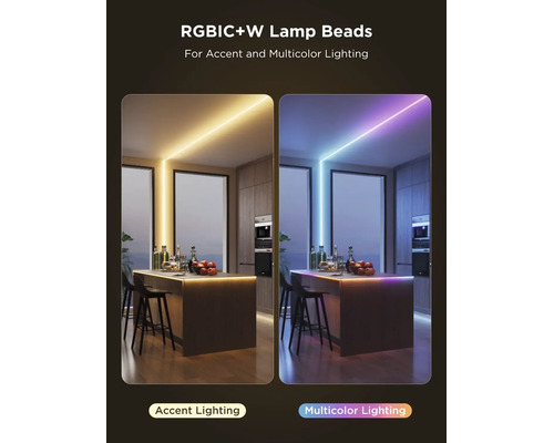 Cuisine moderne avec rubans LED au plafond et sur l'îlot. Éclairage d'accentuation blanc chaud et éclairage multicolore.