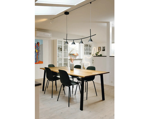 Coin repas moderne et lumineux avec une grande table en bois, des chaises en métal noir et une suspension arquée.