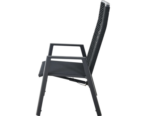 Chaise de jardin réglable anthracite avec accoudoirs, structure en métal, assise en textile et dossier en corde tressée.