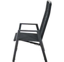 Chaise de jardin avec accoudoirs, dossier en corde tressée, assise en textile, structure en aluminium, anthracite.
