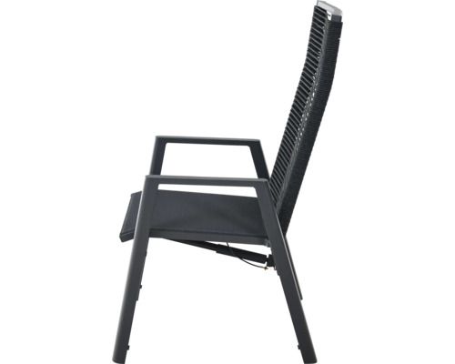 Chaise de jardin avec accoudoirs, dossier en corde tressée, assise en textile, structure en aluminium, anthracite.