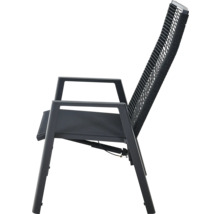 Chaise de jardin gris anthracite avec accoudoirs, structure en aluminium, assise en textile et dossier en corde tressée.