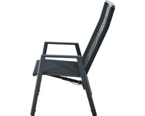 Chaise de jardin gris anthracite avec accoudoirs, structure en aluminium, assise en textile et dossier en corde tressée.