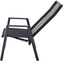 Fauteuil de jardin anthracite avec dossier réglable, cadre en métal et dossier en corde tressée.