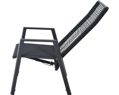 Fauteuil de jardin anthracite avec dossier réglable, cadre en métal et dossier en corde tressée.