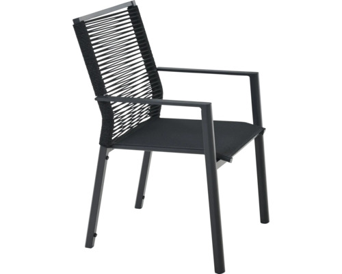 Chaise de jardin avec accoudoirs, structure en métal et dossier avec tressage en corde