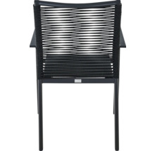 Chaise de jardin moderne avec accoudoirs, structure en métal et dossier en corde tressée.