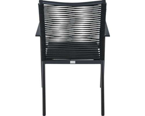 Chaise de jardin moderne avec accoudoirs, structure en métal et dossier en corde tressée.