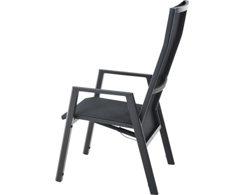 Chaise de jardin à dossier haut avec accoudoirs en métal et textile