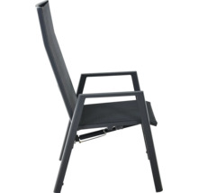 Chaise de jardin anthracite à dossier haut avec structure en aluminium et revêtement en textilène, vue de profil.