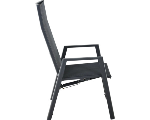 Chaise de jardin anthracite à dossier haut avec structure en aluminium et revêtement en textilène, vue de profil.
