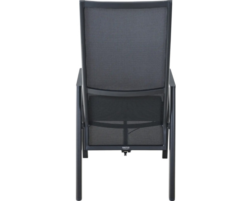 Vue arrière d une chaise de jardin Siena Garden avec accoudoirs, dossier en maille noire et structure en métal.