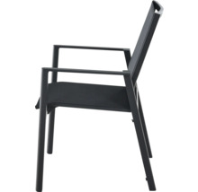 Chaise de jardin empilable anthracite avec accoudoirs, structure en aluminium et revêtement en textile.