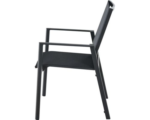 Chaise de jardin empilable anthracite avec accoudoirs, structure en aluminium et revêtement en textile.