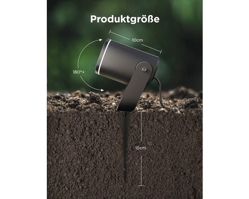 Produktgrößenangabe: 10 cm Durchmesser, 15 cm Erdspieß, 180 Grad schwenkbar