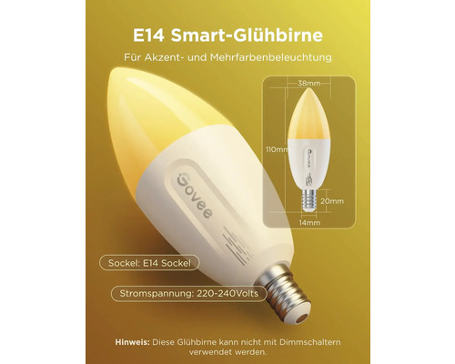 Govee E14 Smart Glühbirne für Akzent- und Mehrfarbenbeleuchtung, 220 bis 240 Volt