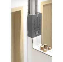 Scène de salle de bains avec un tuyau habillé et une étagère à miroir