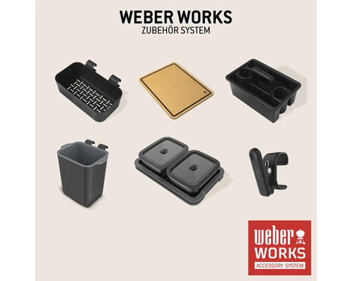 Système d'accessoires Weber Works avec divers conteneurs et accessoires
