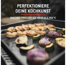 Gegrillte Garnelenspieße und Gemüse auf einer Grillplatte.