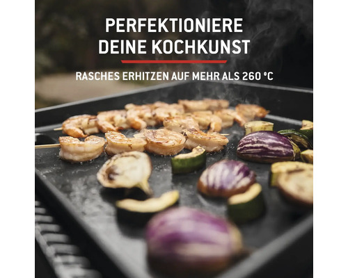 Gegrillte Garnelenspieße und Gemüse auf einer Grillplatte.
