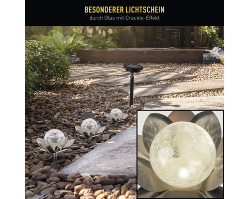 Scène de jardin avec des lampes solaires en forme de fleurs et une lampe solaire avec piquet de terre