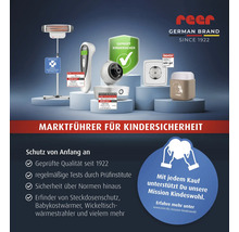 Présentation des produits de la marque Reer avec des articles pour bébés tels qu'un radiateur soufflant, un thermomètre, un babyphone, une sécurité de prise et une veilleuse