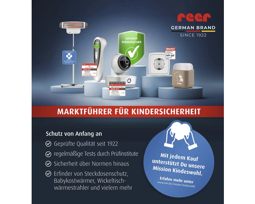 Présentation des produits de la marque Reer avec des articles pour bébés tels qu'un radiateur soufflant, un thermomètre, un babyphone, une sécurité de prise et une veilleuse